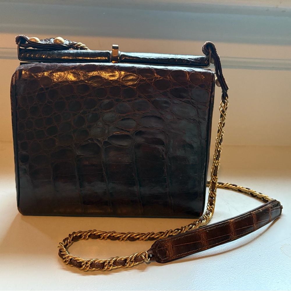 VINTAGE 40s Brown Crocodile Leather Bag with Gold Chain
